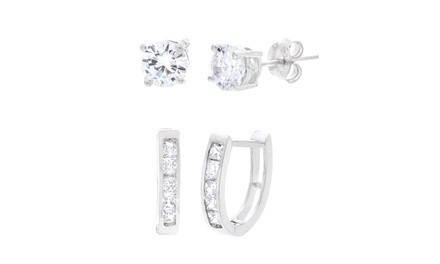 18K White Gold Sterling Silver CZ 2 Piece Stud and Huggie Earring Set