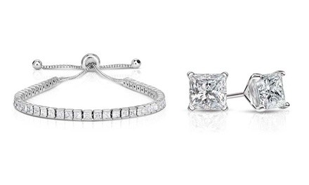 Set of 2 Swarovski Crystal Princess Cut Adjustable Tennis Bracelet & Earring Set