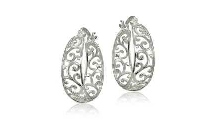 Sterling Silver High Polished Filigree Hoop Earrings