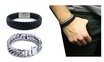 Mens 2 Piece Stainless Steel and Genuine Leather Bracelet Set