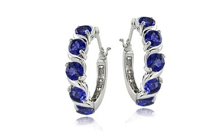 Created Blue Sapphire S Design Round Hoop Earrings in 925 Sterling Silver