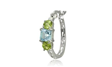 Sterling Silver Blue Topaz and Peridot Three-Stone Filigree Hoop Earrings