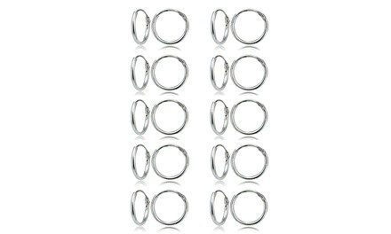 Sterling Silver Small Endless 10mm Round Unisex Hoop Earrings, Set of 10 Pairs