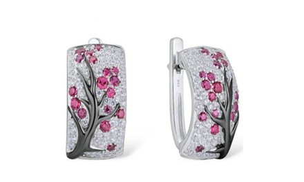 925 Sterling Silver Diamond-Studded Plum Blossom Branch Hoop Earrings