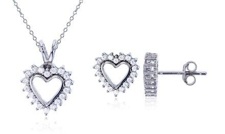 Sterling Silver Pave Open Heart Stud and 15 Inches Necklace