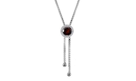 Garnet & White Topaz Round Halo Drop Adjustable Lariat Necklace in 925 Silver