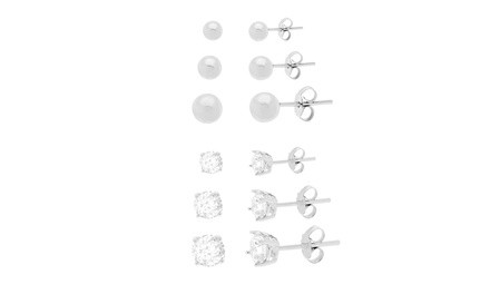 Sterling Silver 6-Pair CZ Ball Stud Earring Set