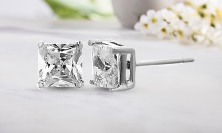 Lesa Michele Stainless Steel 4 Cttw Princess Cut Cubic Zirconia Stud Earrings