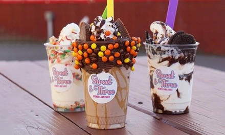 $17.10 for Two Ice Cream Stacker Cups or Monster Shakes at Sweet & Three, Dine-In Only ($28.50 Value)