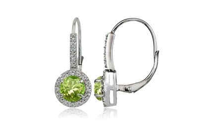 Peridot and White Topaz Round Leverback Earrings in Sterling Silver