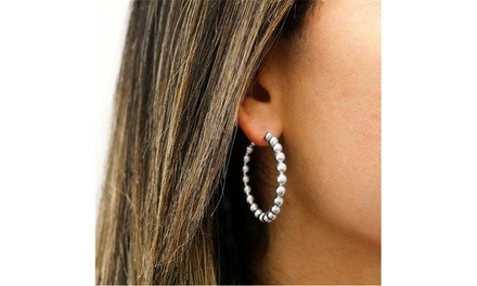 Italian Solid Sterling Silver 30MM Beaded Hoop Earrings