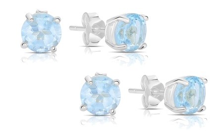 Genuine Gemstone Blue Topaz Stud Earrings (1 Pair or 2 Pair)