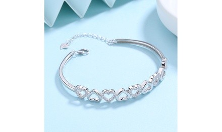 Sterling Silver and Swarovski Crystal Hearts Bangle Adjustable Bracelet