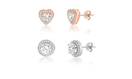 Lesa Michele Heart & Round Halo Post Earring Set in Sterling Silver