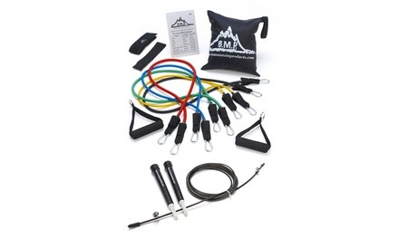 Black Mountain Products 5 Resistance Bands, Jump Rope, and Exercise Chart Set
