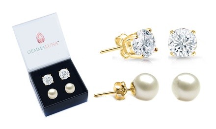 6 CTTW Freshwater Pearls and White Topaz Stud Earrings Set (2 Pack) 