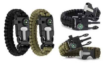 Survival Paracord Bracelet Fire Starter Loud Whistle for Hiking Camping (2-Pack)