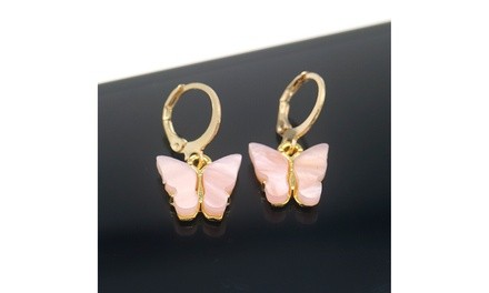 14K Gold and Lab Created Opal Butterfly Drop Earring