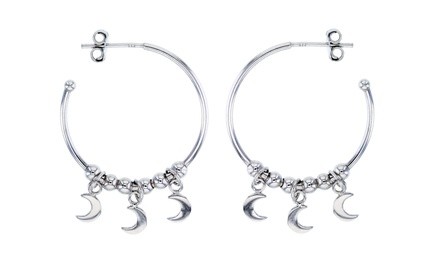 Sterling Silver Rhodium Beads & Dangling Moons 32X3mm Open Hoop Earring