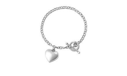 Italian Made Solid Sterling Silver Puffed Heart Charm Toggle Bracelet