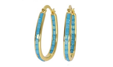 Turquoise Emerald Cut Crystal Inside Out Hoops Plated In 18K Gold