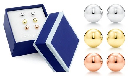 18K Gold Over Sterling Silver Tri Color 6mm Ball Trio Stud Earring Set In a Box 