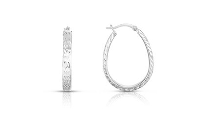 Italian Fine 925 Sterling Silver Oval Shape Diamond Cut Hoop Earrings