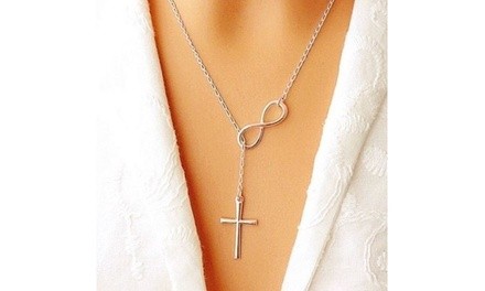 Italian Sterling Silver Plated Infinity Cross Lariat Necklace