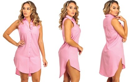 Women's Sleeveless Side Slit Button Down Shirt Dress (Size XL)
