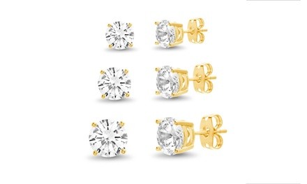 Set of 3 1CT , 2CT and 3CT Stud Earrings in 18K Yellow Gold Plating