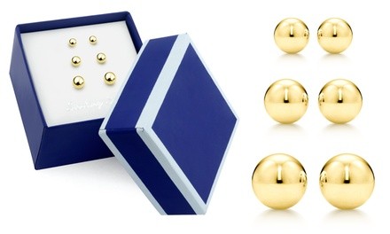 18K Gold Over Sterling Silver 4mm ,5mm ,6mm Trio Stud Earring Set In a Box By Pa