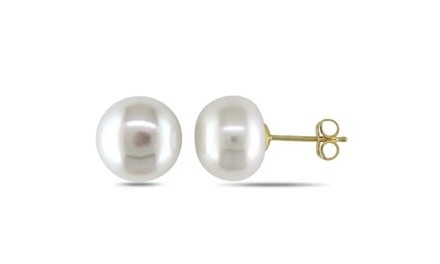10K Yellow Gold 10 mm White Pearl Button Stud Earrings