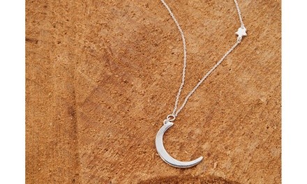 Italian Sterling Silver Crescent Moon and Star Station Necklace