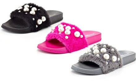 Women's Faux Fur and Pearl Detail Slide Slippers