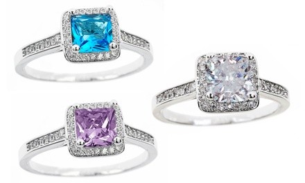 Cubic Zirconia Princess Cut Birthstone Halo Rings in 18K White Gold Plating by Mina Bloom