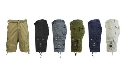 Men's Washed Cotton Slim-Fit Belted Cargo Military Shorts