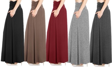 FACA Women's High-Waist Shirring Maxi Skirt with Side Pockets. Plus Sizes Available.