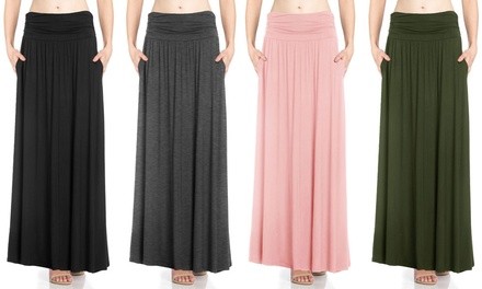 FACA Women's High-Waist Shirring Maxi Skirt with Side Pockets. Plus Sizes Available.