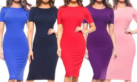 Style Clad Women's Bodycon Midi Dress with Short Sleeves (Plus Sizes Available)