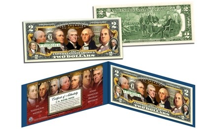 Founding Fathers of the United States Colorized Genuine Legal Tender $2 Bill