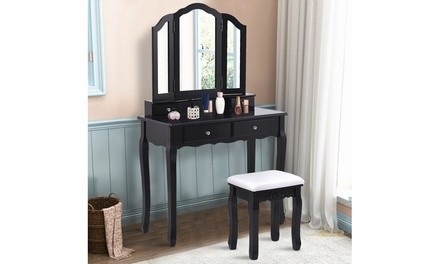 Costway Makeup Table Stool Set with Tri Folding Mirror Vanity