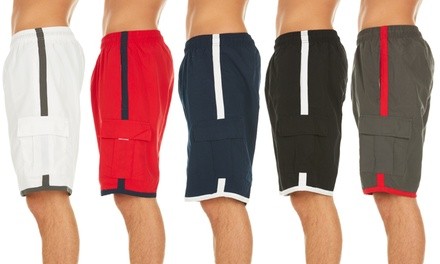 Men's Solid Colored Cargo Swim Trunks with Contrast Stripe
