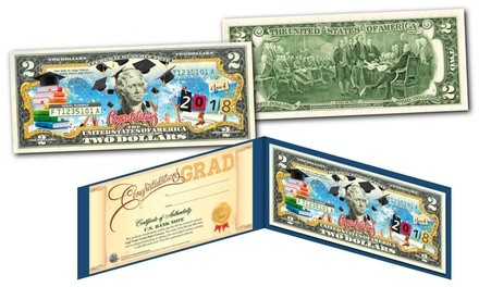 Happy Graduation 2018 Genuine $2 Bill with Diploma-Style Certificate