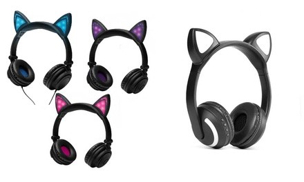 iWave LED Light-Up Cat Ear Headphones Wired or Bluetooth