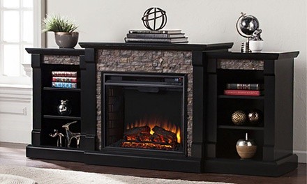 Gallatin Faux-Stone Electric/Infrared Fireplace with Bookcases