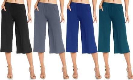 FACA Women's Elastic Waist Jersey Culotte Capri Pants with Pockets