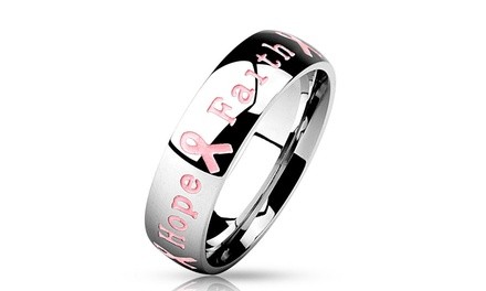 Courage, Strength, Hope, Faith Pink Ribbon Stainless Steel Ring