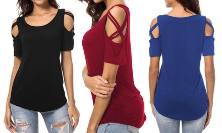 Women's Solid-Color Criss Cross Shoulder Top