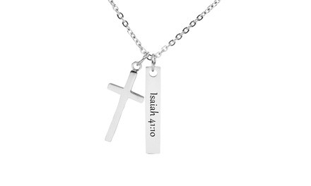 Stainless Steel Bible Verse Bar with Cross Necklace by Pink Box