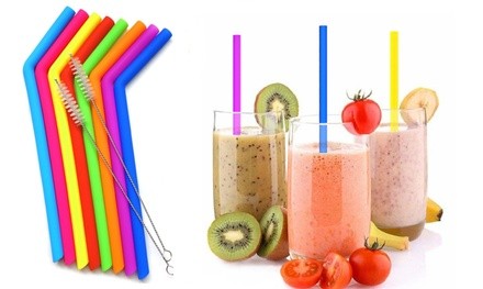 Reusable Silicone Wide Drinking Straws with Cleaning Brushes (4- or 8-Pack)